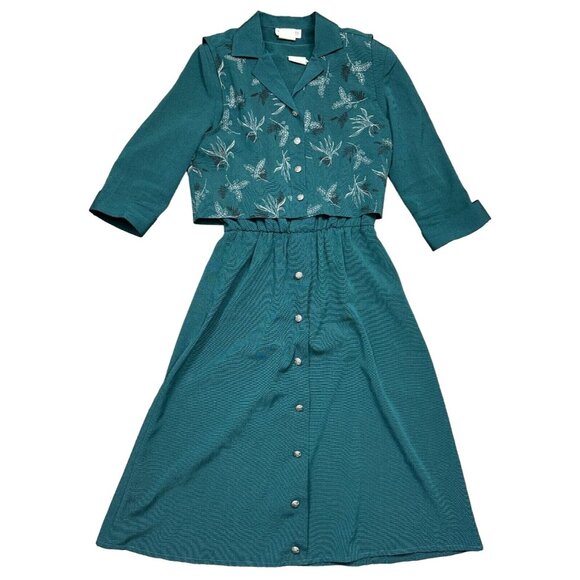 Miss Dorby Womens Size 10 Green 2 Pc Set Collared Vest Dress Padded Shoulders - Picture 7 of 16